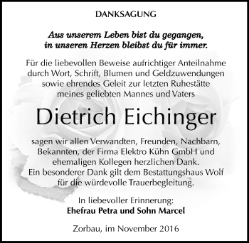 Traueranzeige von Dietrich Eichinger von Mitteldeutsche Zeitung Weißenfels