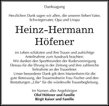 Traueranzeige von Heinz-Hermann Höfener von Mitteldeutsche Zeitung Dessau-Roßlau