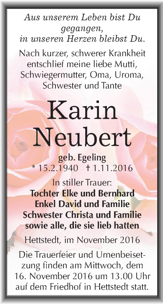  Traueranzeige für Karin Neubert vom 09.11.2016 aus Wochenspiegel Mansfelder Land