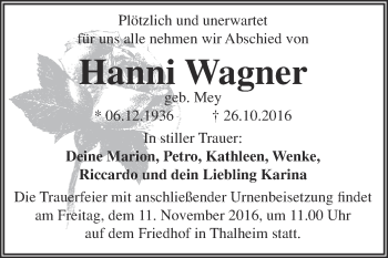 Traueranzeige von Hanni Wagner von WVG - Wochenspiegel Bitterfeld