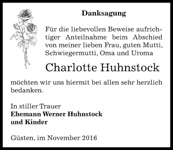 Traueranzeige von Charlotte Huhnstock von Mitteldeutsche Zeitung Bernburg