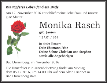 Traueranzeige von Monika Rasch von Super Sonntag Merseburg