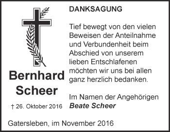 Traueranzeige von Bernhard Scheer von Super Sonntag Aschersleben