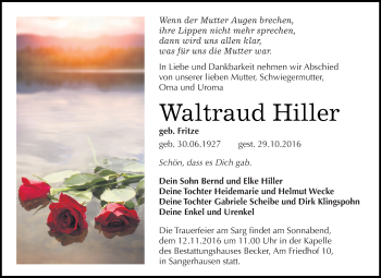 Traueranzeige von Waltraud Hiller von WVG - Wochenspiegel SGH