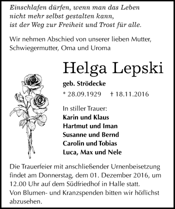Traueranzeige von Helga Lepski von Mitteldeutsche Zeitung Halle/Saalkreis