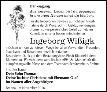 Traueranzeige von Ingeborg Wißigk von Mitteldeutsche Zeitung Bitterfeld