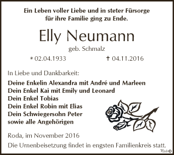 Traueranzeige von Elly Neumann von Super Sonntag Zeitz