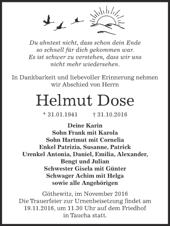 Traueranzeige von Helmut Dose von Super Sonntag Zeitz