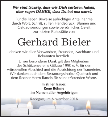 Traueranzeige von Gerhard Bieler von Mitteldeutsche Zeitung Köthen