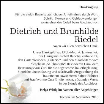 Traueranzeige von Dietrich und Brunhilde Riedel von WVG - Wochenspiegel Dessau / Köthen