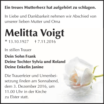 Traueranzeige von Melitta Voigt von WVG - Wochenspiegel Wittenberg