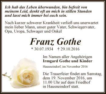 Traueranzeige von Franz Gothe von Super Sonntag Aschersleben