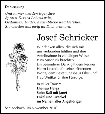 Traueranzeige von Josef Schricker von Mitteldeutsche Zeitung Merseburg/Querfurt