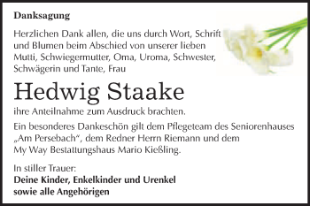 Traueranzeige von Hedwig Staake von WVG - Wochenspiegel Merseburg