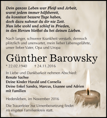 Traueranzeige von Günther Barowsky von Wochenspiegel Mansfelder Land
