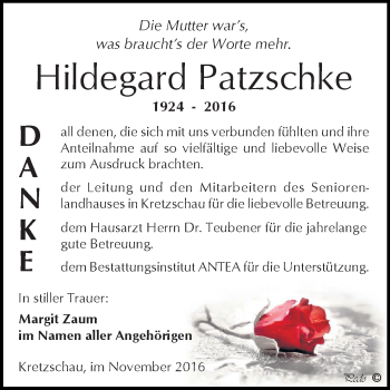 Traueranzeige von Hildegard Patzschke von Super Sonntag Zeitz