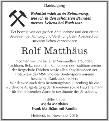 Traueranzeige von Rolf Matthäus von Wochenspiegel Mansfelder Land