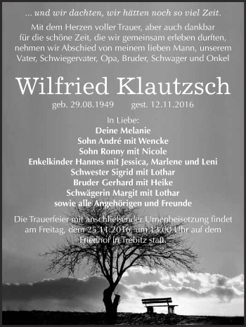 Traueranzeige von Wilfried Klautzsch von WVG - Wochenspiegel Wittenberg