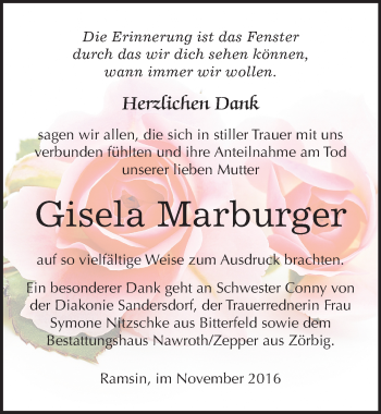 Traueranzeige von Gisela Marburger von Mitteldeutsche Zeitung Bitterfeld