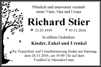 Traueranzeige von Richard Stier von Super Sonntag Wittenberg