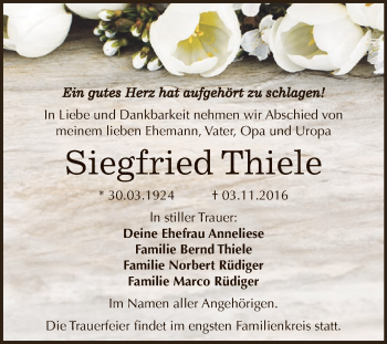 Traueranzeige von Siegfried Thiele von WVG - Wochenspiegel Dessau / Köthen