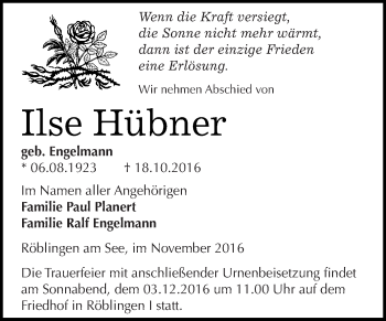 Traueranzeige von Ilse Hübner von Wochenspiegel Mansfelder Land