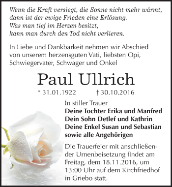 Traueranzeige von Paul Ullrich von Mitteldeutsche Zeitung Wittenberg