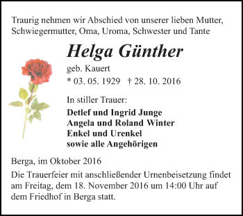 Traueranzeige von Helga Günther von Super Sonntag SGH Mansf. Land