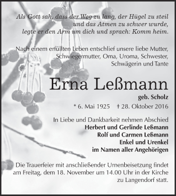 Traueranzeige von Erna Leßmann von Super Sonntag Zeitz