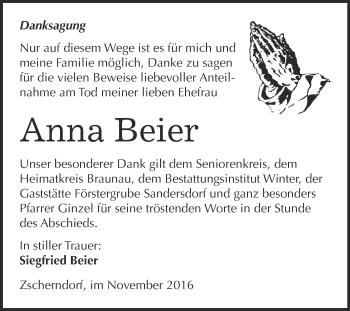 Traueranzeige von Anna Beier von WVG - Wochenspiegel Bitterfeld