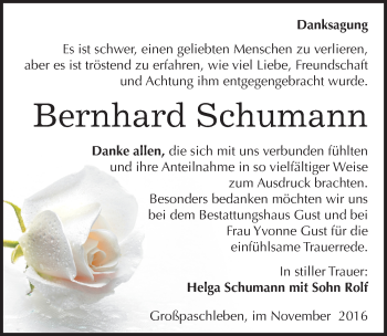 Traueranzeige von Bernhard Schumann von Mitteldeutsche Zeitung Köthen