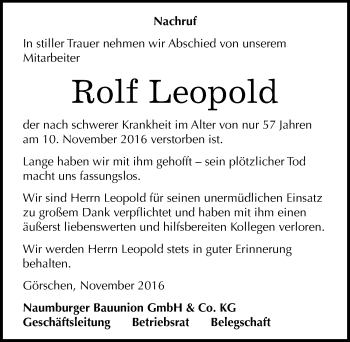 Traueranzeige von Rolf Leopold von Mitteldeutsche Zeitung Naumburg/Nebra
