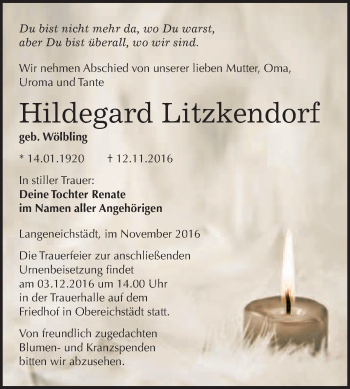 Traueranzeige von Hildegard Litzkendorf von WVG - Wochenspiegel Merseburg