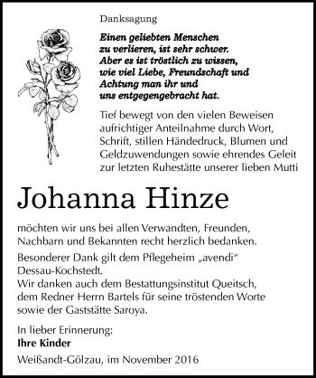 Traueranzeige von Johanna Hinze von Mitteldeutsche Zeitung Köthen