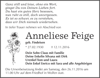 Traueranzeige von Anneliese Feige von WVG - Wochenspiegel Bitterfeld