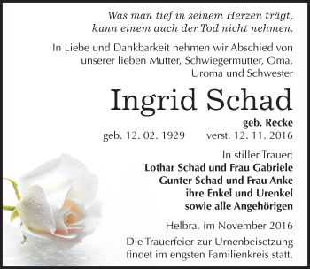 Traueranzeige von Ingrid Schad von Mitteldeutsche Zeitung Mansfelder Land