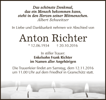 Traueranzeige von Anton Richter von WVG - Wochenspiegel NMB / WSF / ZTZ