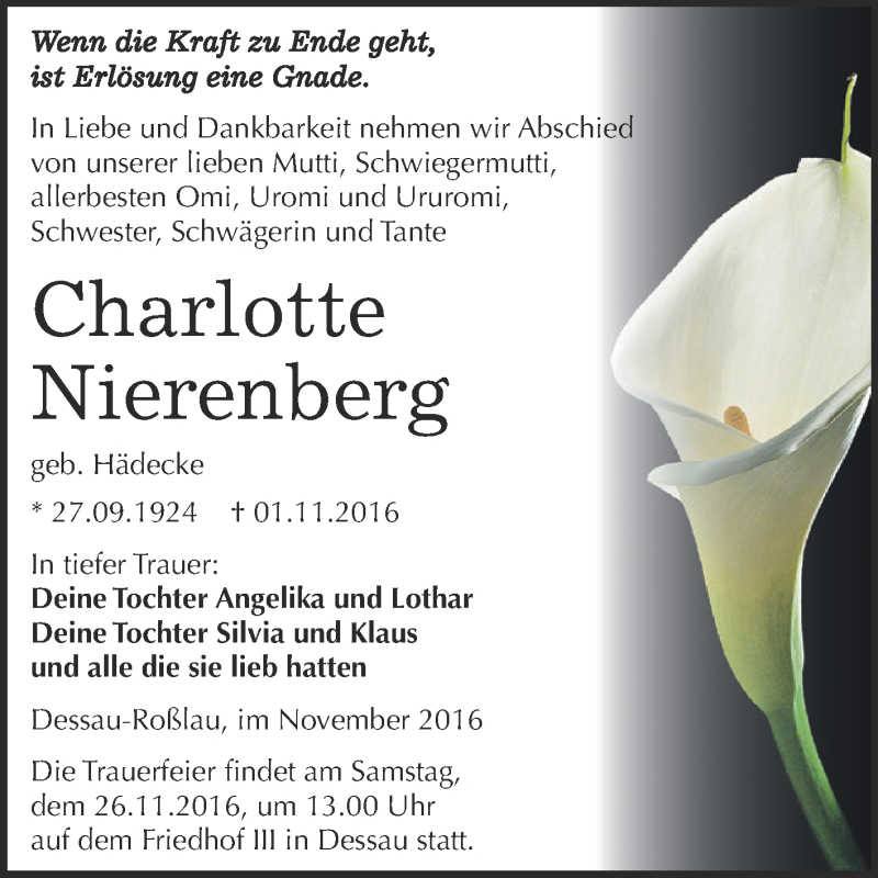  Traueranzeige für Charlotte Nierenberg vom 05.11.2016 aus WVG - Wochenspiegel Dessau / Köthen