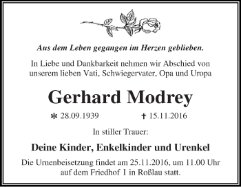 Traueranzeige von Gerhard Modrey von WVG - Wochenspiegel Dessau / Köthen