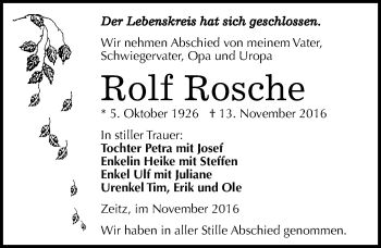 Traueranzeige von Rolf Rosche von Mitteldeutsche Zeitung Zeitz