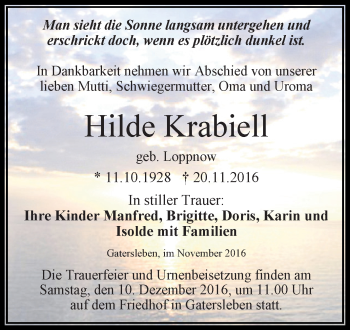 Traueranzeige von Hilde Krabiell von Super Sonntag Aschersleben