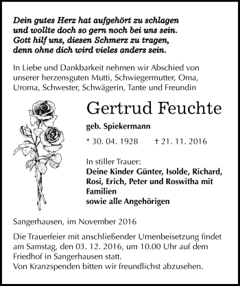 Traueranzeige von Gertrud Feuchte von Mitteldeutsche Zeitung Sangerhausen