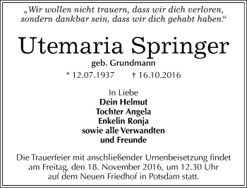 Traueranzeige von Utemaria Springer von Mitteldeutsche Zeitung Köthen