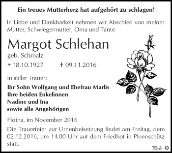 Traueranzeige von Margot Schlehan von WVG - Wochenspiegel NMB / WSF / ZTZ
