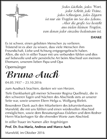 Traueranzeige von Bruno Auch von Mitteldeutsche Zeitung Mansfelder Land