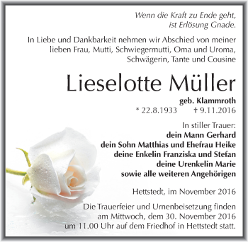 Traueranzeige von Lieselotte Müller von Mitteldeutsche Zeitung Mansfelder Land