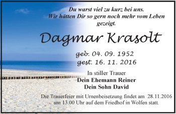 Traueranzeige von Dagmar Krasolt von Mitteldeutsche Zeitung Bitterfeld