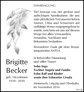 Traueranzeige von Brigitte Becker von Mitteldeutsche Zeitung Zeitz