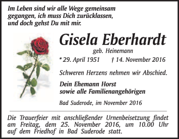 Traueranzeige von Gisela Eberhardt von WVG - Wochenspiegel Quedlinburg