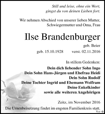 Traueranzeige von Ilse Brandenburger von Mitteldeutsche Zeitung Zeitz